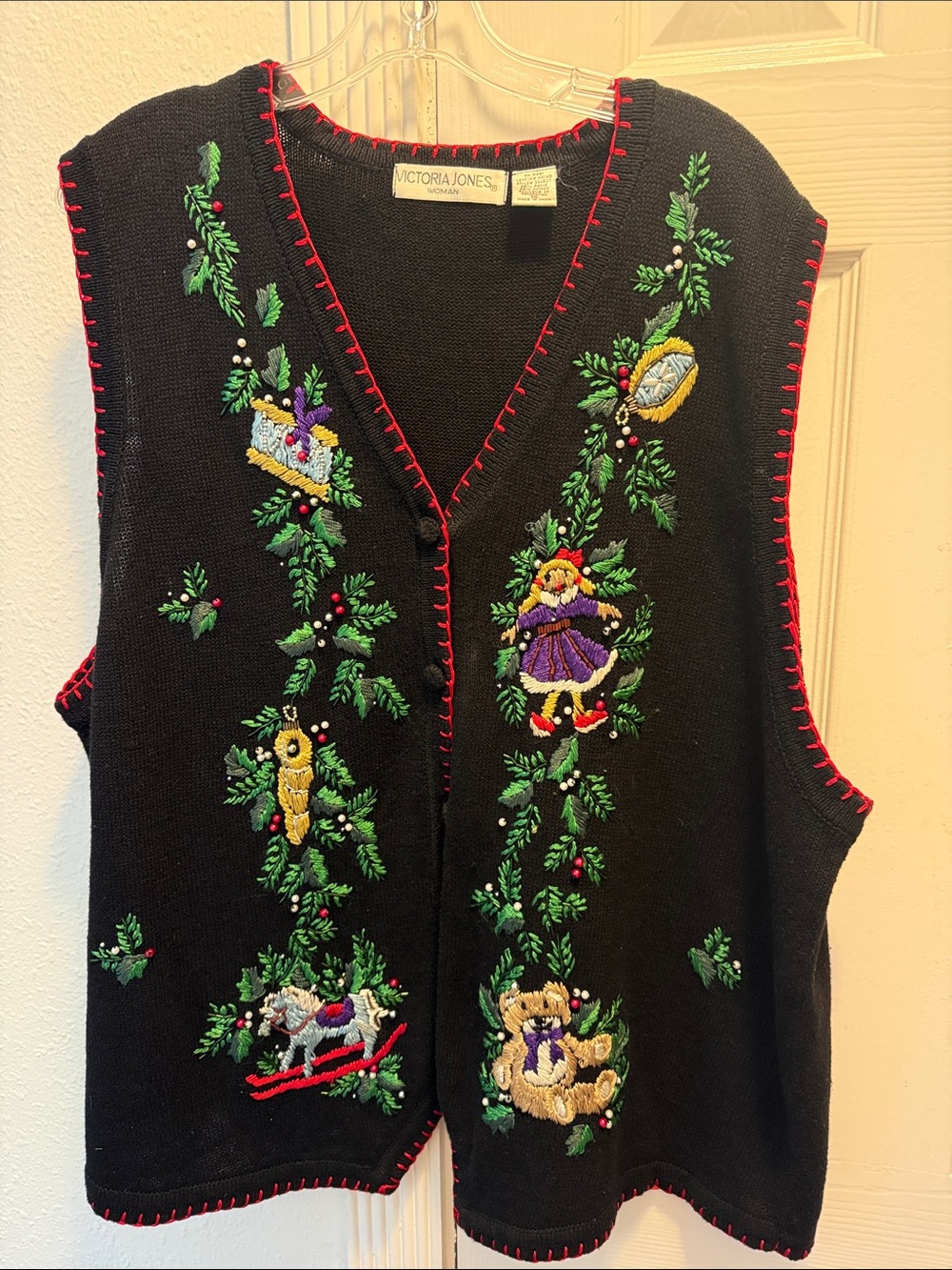 Black Embroidered Holiday Christmas Sweater Vest